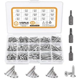 VIGRUE 400 Piece Stainless Steel Screws Set M3 M3.5 M4, Chipboard Screws with Countersunk Head, Full Thread Wood Screws Self-Tapping Screws with 3 Pieces Bits