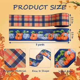 2 Rolls 10 Yards Fall Wired Ribbons for Wreath Bows Wrapping Gifts, Blue and Orange Plaid Ribbon Autumn Pumpkin Wired Ribbon for Thanksgiving Party, Home, Festival Décor DIY Crafts 2.5"