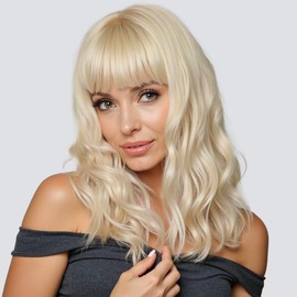GrandSail Long Wave Ash Blonde Wig Long Wavy Blonde Wig 100% Remy Hair Platinum White Blonde with Bangs Natural Looking Heat Resistant Fiber Wig 35cm + Free Wig Cap