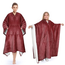 Tirrinia Sherpa Poncho Blanket Super Soft Comfy Plush Wearable Fleece Blanket for Adult Women Men Kids Throw Wrap Cover Indoors or Outdoors, 55''x 80'' Wine