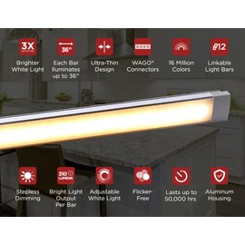 BLACK+DECKER PureOptics Professional Push Wire Under Cabinet Light Bar, Add-on, Plug-in or Hardwire Compatible, Adjustable White and RGB LED, for Kitchen, Pantry, Cabinets, (1) 12" Bar