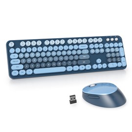 Guffercty kred Colorful Blue Wireless Keyboard and Mouse Combo, Retro Typewriter Wireless Full-Size Cute Office Keyboard 2.4GHz with Round Keycaps for Desktop Laptop and PC (Ocean Blue)