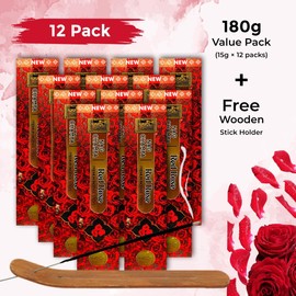 Nag Champa Red Rose Incense Sticks – Premium Hand-Rolled Natural Fragrance | 180 g (15 g × 12 Packs) with Wooden Holder | Classic Aroma for Meditation, Cleansing & Calm Spaces.