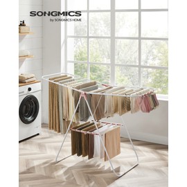 SONGMICS Clothes Drying Rack, with Sock Clips, Metal Laundry Rack, Foldable, Space-Saving, Free-Standing Airer, with Height-Adjustable Gullwings, Indoor Outdoor Use, White and Pink ULLR052P01