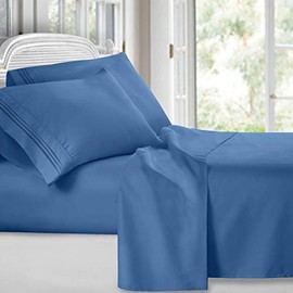 Clara Clark Premier 1800 Series 4 Piece Sheet Set Deep Pocket Brushed Microfiber, Wrinkle, Fade & Stain Resistant, Cal-King, Blue Heaven