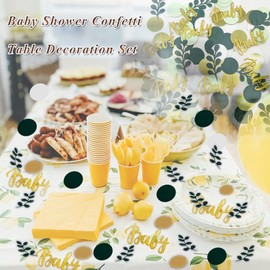 200pcs Greenery Baby Shower Confetti Scatter Decorations with Eucalyptus, Sage Green and Gold Paper Woodland Baby Shower Decorations Gender Reveal Birthday Party Decor (Green Fresh Style)