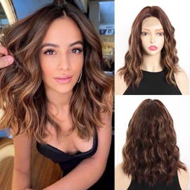 Wigs for White Women Synthetic Wig Short Hair Wavy Wig for Women Shoulder Length Wigs 14 Inch Middle Part Curly Wavy Bob Wig Natural Looking Synthetic Heat Resistant Fiber Wig