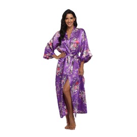 Mignon Cromwell Women's Long Satin Robe Floral Kimono Dressing Gown Lightweight Sleepwear Bridal Party Bridesmaids Robes, Small-Large