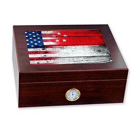 ExpressItBest Premium Desktop Humidor - Glass Top - Flag of Singapore (Singaporean) - Wood with USA Flag - Cedar lined with humidifier & front mounted hygrometer.
