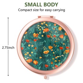 Nipichsha Compact Mirror, Pocket Travel Makeup Mirror, 2 - Sided 2X / 1X Magnification, Small Folding Portable Handheld, 2.75 in Rose Gold, Beautiful Flowers