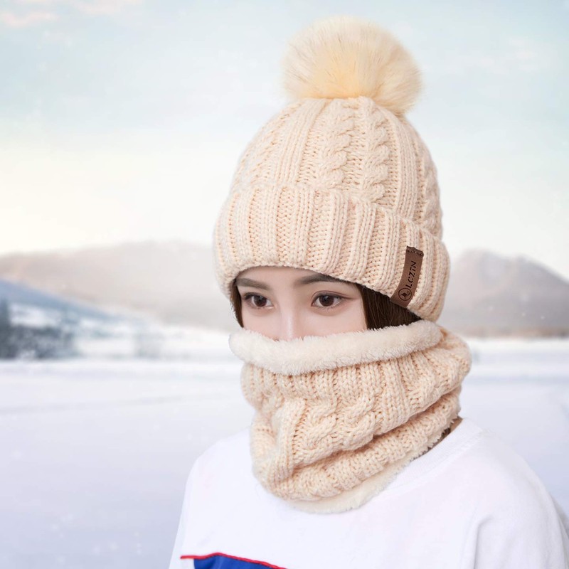 LCZTN Womens Pom Beanie Hat Scarf Set Girls Cute Winter