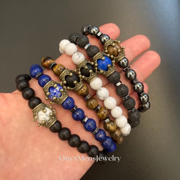 Tiger's Eye Onyx Lava Stone Beaded Crown Bracelet • Gemstone Beads Strengthen Protection Bracelet for Men • Charm Handmade Beads Bracelet