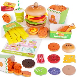 Montessori Toys Pretend Play Food Set for 3 4 5 Year Old, Wooden Fast Food Play Kitchen with Hamburger, Fries, Egg Tart, Popcorn Chicken, Drumsticks, Cola, Christmas Birthday Gifts Kids Boys Girls