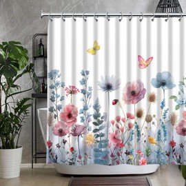 QZJDX Floral Shower Curtains for Bathroom Watercolor Blue Pink Flowers Butterfly Spring Widflower Botanic Decor Polyester Fabric Bath Curtain 70"x70"