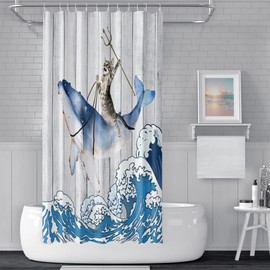 SDOTPMT 122 x 183 cm Funny Cat Riding Whale Shower Curtain Vintage Wooden Floor Japanese Sea Ocean Wave Bath Curtain Cute Cartoon Bath Curtain Waterproof for Bathroom Bath Curtain with Hooks