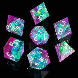 Sharp Edge DND Dice Set Handmade 7 Accessories Dice for Dungeons and Dragons TTRPG Games, Multi-Sided RPG Polyhedral Resin Sharp Edge Dice Roleplaying Games Shadowrun Pathfinder MTG(Purple Green)