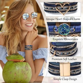GZJINYUAN Heart Leather Wrap Bracelet for Women, Boho Cuff Bracelet with Strong Clasp, Rhinestone Multilayer Stackable Bracelet, One Size, Faux Leather, no gemstone