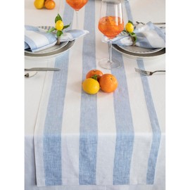 Solino Home Linen Table Runner 144 Inches Long - Cabana Stripe, 100% Pure Linen Sky Blue and White Farmhouse Table Runner 14 x 144 Inch for Dining, Summer