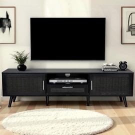 Finnhomy 59 Inch Boho TV Stand for up to 70 inch TV, TV Console with 2 Hand Made Rattan Decorated Doors, Living Room Entertainment Center TV Table with Storage, Black