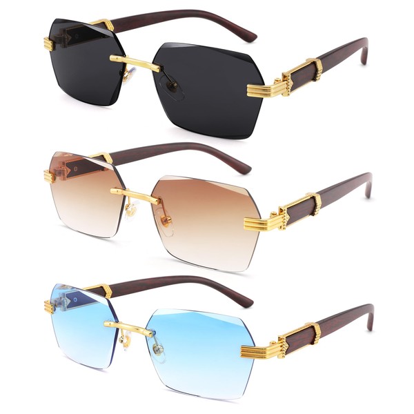 LIU·WEN Fashion Rimless Sunglasses for Men 3 Pack - Retro