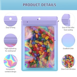 100 Pieces Resealable Mylar Bags, Smell Proof Bags with Clear Window for Food Storage Party Favor Packaging Small Business (Purple&Light Blue, 3.5×6.3 Inch)
