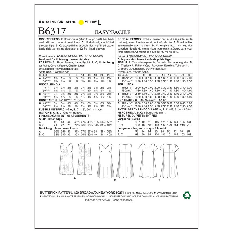 Butterick Pattern 6317, Misses Dress,Sizes 14-22, Viscose, Multi-Colour, E5 (14-16-18-20-22)