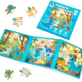 WERNNSAI Dinosaur Kids Puzzle for 3-5 Years, 75 Pieces Magnetic Puzzle for Toddlers 3-8 Years Car Plane Road Trip Activities 3-in-1 Magnetic Game Travel Games for Boys