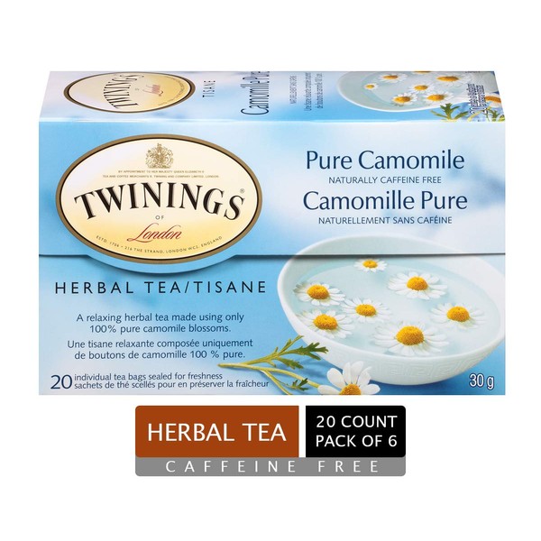 Twinings Herbal Camomile Individually Wrapped Tea Bags | Naturally Caffeine Free | Made with 100% Pure Camomile Blossoms | 20 Count (Pack of 6)