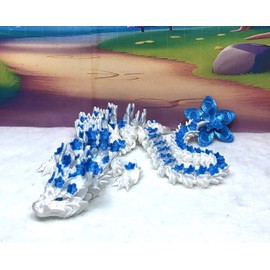Generic 3D Printed Dragon, Articulated White and Blue Cherry Blossom Dragon, 12"" Flexible Dragon, Fidget Toy ADHD Autism, Home Office Decor Executive Desk Toy D017-WB-DR