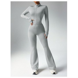 SOLY HUX Women's Sports Tracksuits Zip Up Long Sleeve Top and Flared Yoga Pants Set Workout Outfits Activewear Solid Grey Medium