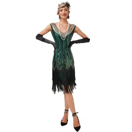 AU Seller Costume Bay 1920s Roaring 20s Charleston Gangster Flapper Gatsby Fancy Dress Costume Outfit (V-Neck Dress Green, L)