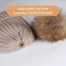 FURTALK Knit Beanie Hats for Women Fleece Lined with Faux Fur Pom Pom Winter Hat for Canada Smoke Grey