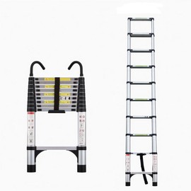 OCACA Telescopic Ladder, 9.5 Foot Aluminum Button Telescopic Ladder with 2 Triangular stabilizers and Hooks, Multi-Purpose Ladder, Maximum Load-Bearing Capacity of 330 pounds, Suitable for Industrial