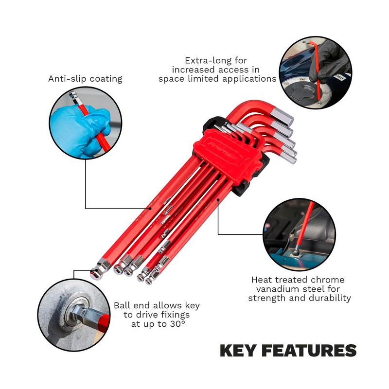 Sealey Anti-Slip XL Metric Ball-End Hex Key Set (11 Pieces)