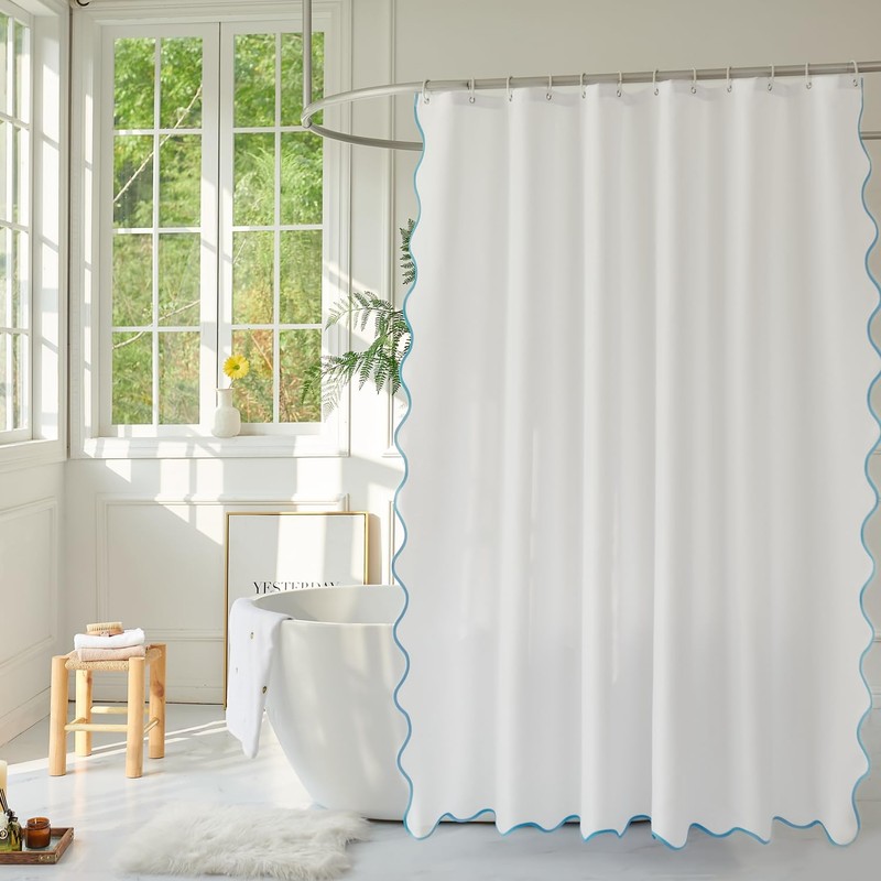 youngseahome White Fabric with Aqua Scalloped Border Shower Curtain,Boho Chic