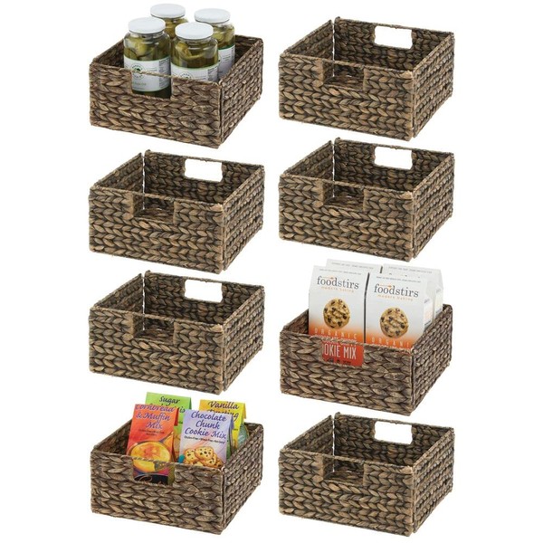 mDesign Woven Hyacinth Storage Bin Basket Organizer with Handles for Organizing Kitchen Pantry, Cabinet, Cupboard, Shelves - Holds Food, Drinks, Snacks - 8 Pack - Brown Wash