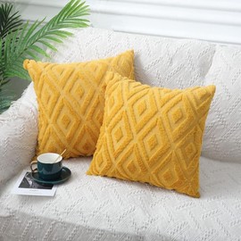 CJWLKJ 2Pcs Soft Faux Fur Throw Pillow Covers 18x18 - Plush Short Wool Velvet Decorative Pillow Covers - Couch Sofa Pillow Covers for Living Room - with 3D Diamond Pattern (Mustard Yellow)