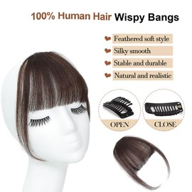 Clip in Bangs 100% Human Hair Wispy Bangs Hair Clip Air Bangs Clip in Fringe With Temple Clip on Bangs Fringe Clip in Hair with Temples Bangs Hair Clip (Dark Brown, Wispy Bangs)