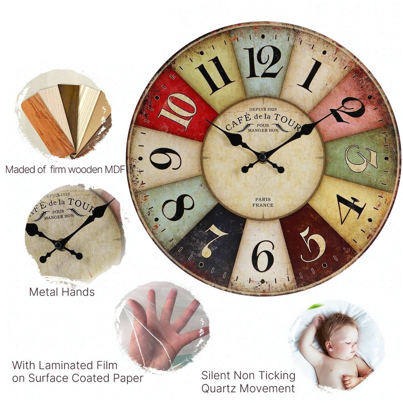 QWANPET Wall Clock - 12" Retro Rustic Style Quartz Clock,