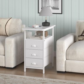 sthmec End Table with Charging Station, Side Tables Livingroom with USB Ports and Outlets,Narrow Nightstands Bedside Tables with 3 Drawers PU Finish for Small Space,Slim Sofa Table Bedroom,White