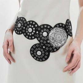 LIMHOO Wide Disc Belt for Women Leather Hollow Out Round Belt Boho Western Waist Belt (A Silver Black-L)