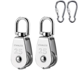 2 Sets M25 Single Pulley Wheel with M8 Spring Snap Hooks 304 Stainless Steel Swivel Pulley Block Hook with Carabiner Clip Heavy Duty for Hoisting Items Indoor Outdoor 150KG
