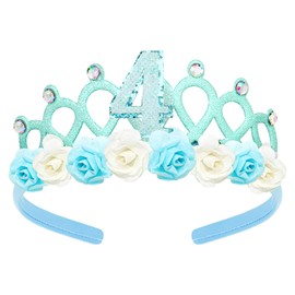 YARIEW 4th Birthday Decorations for Girls, 4th Birthday Headband, Bithday Crown Birthday Tiara Flower Princess Crown Headband 4th Birthday Girl Outfit Princess Party Decorations Blue