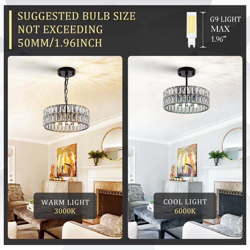 CATINER Crystal Pendant Light 4-Light Modern Black Chandelier Small 12”