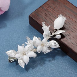 Coollooda Hair Ornament, Neat Lily Motif, Flower Hair Clip, Silver, Leaf, Crystal, Pearl, Handmade, Kimono, Wedding, School Entrance Ceremony, Graduation Sleeve, Dress, Western, Hair Accessory