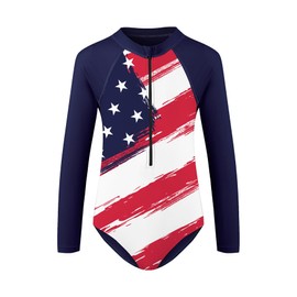 Zando Girls Red White and Blue 4th of July Swimsuit Size 6-7 Years - Long Sleeve 1 Piece Rash Guard UPF50+ Zipper Without Padding Surfing Swim Suit American Flag Bathing Suit for Beach Sport Swimwear