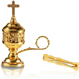 Gold Incense Burner with Tong – Frankincense Charcoal Incense Stand Aromatherapy, Yoga, Spa, Home Decor, and Church Use – Compact & Durable Bakhoor Holder