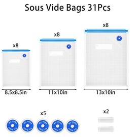 Sous Vide Bags 31Pcs, Reusable BPA Free Vacuum Sealer Bags Vacuum Food Storage Bags for Cooking/Food Storage/Microwave Heating - 24Pcs Vacuum Zipper Bags & 2 Seal Clips & 5 Air Valves
