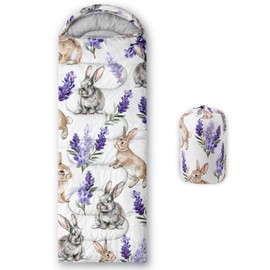 AILONEN Cute Bunny Camping Sleeping Bag for Adults Kids,Warm & Cold Weather,Lightweight & Waterproof,Portable,Lavender Rabbit Printed Sleeping Bag,Traveling,Camping,Hiking