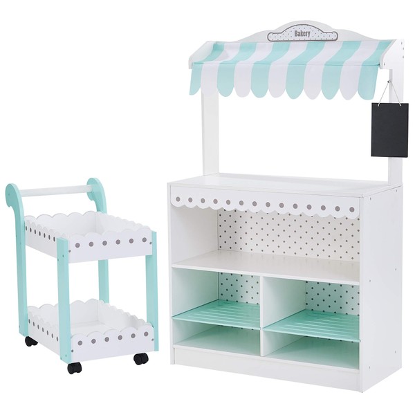 Teamson Kids My Dream Bakery Shop Dessert Stand and Rolling Pastry Cart Interactive Wooden Play Set with 18 Pretend Baked Goods, White and Mint Green with Gray Polka Dot Accents